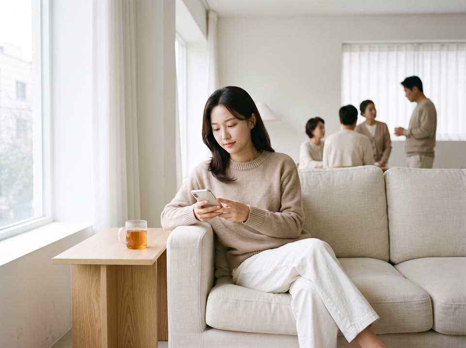 창가에서 휴대폰을 보는 사람