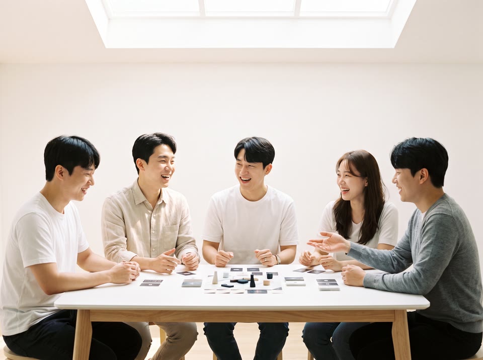 보드게임 모임에서 웃는 사람들