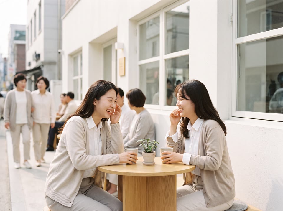 동네 카페 앞에서 이야기하는 두 친구
