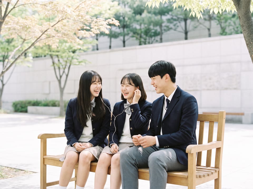 교정 벤치에서 이어폰을 나눠 끼고 웃는 학생들