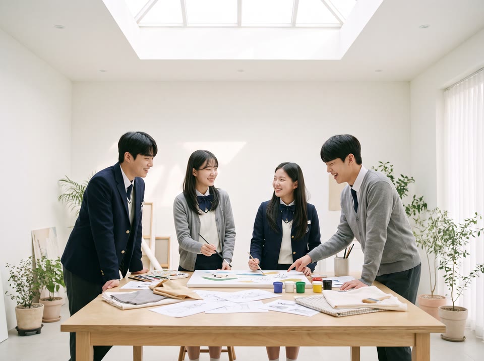 동아리방에서 함께 작품을 만드는 학생들