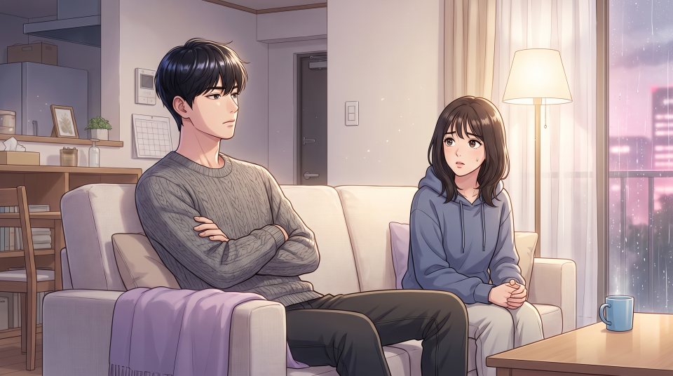 소파 양 끝에 떨어져 앉은 두 사람