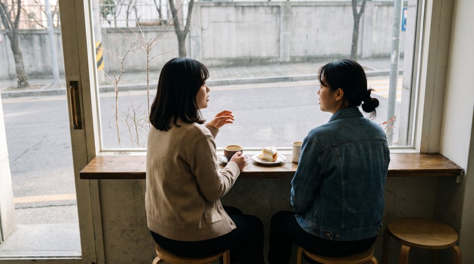 카페 창가 자리에 나란히 앉아 이야기하는 두 친구의 뒷모습