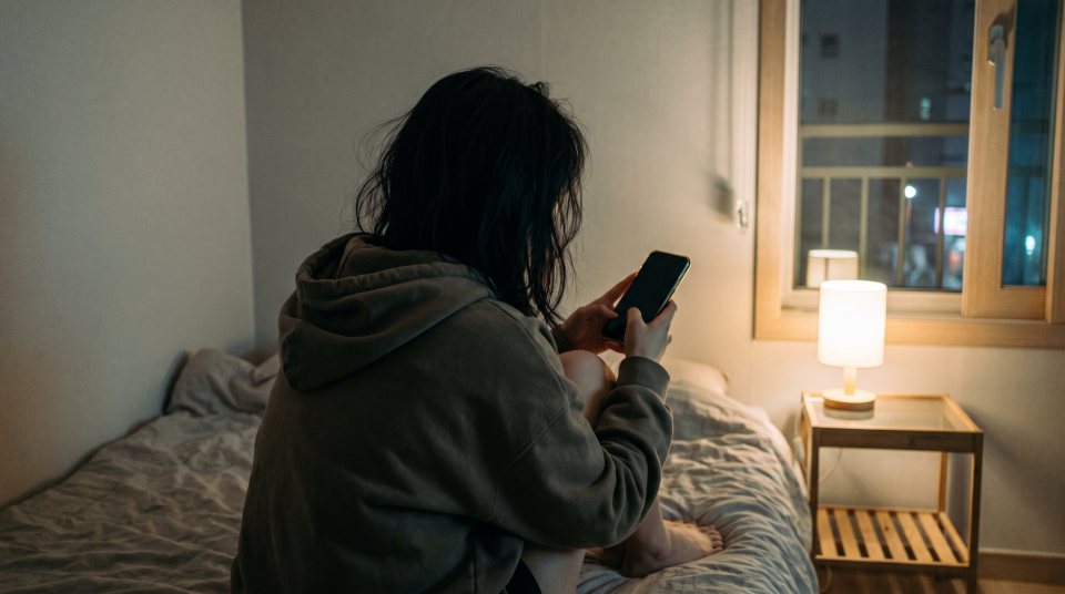 밤에 침대에 앉아 휴대폰을 쥐고 있는 뒷모습