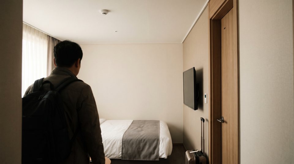 여행 숙소 방 안과 문 옆의 캐리어