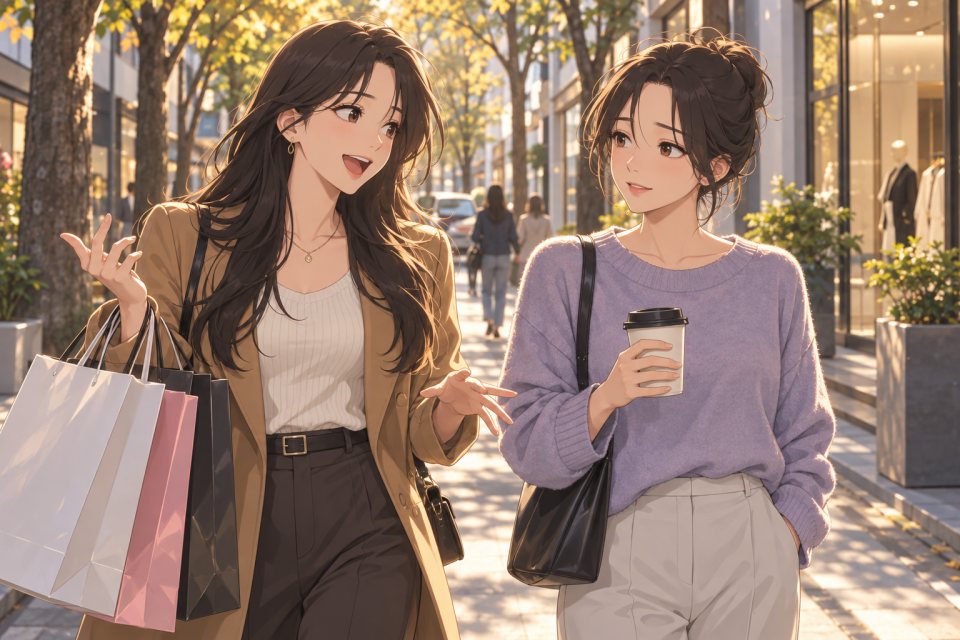 쇼핑백을 들고 자랑하는 친구와 지친 친구