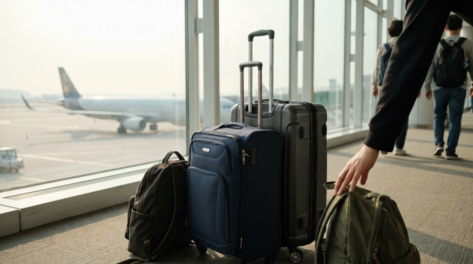 공항 창가에 나란히 세워 둔 캐리어 두 개