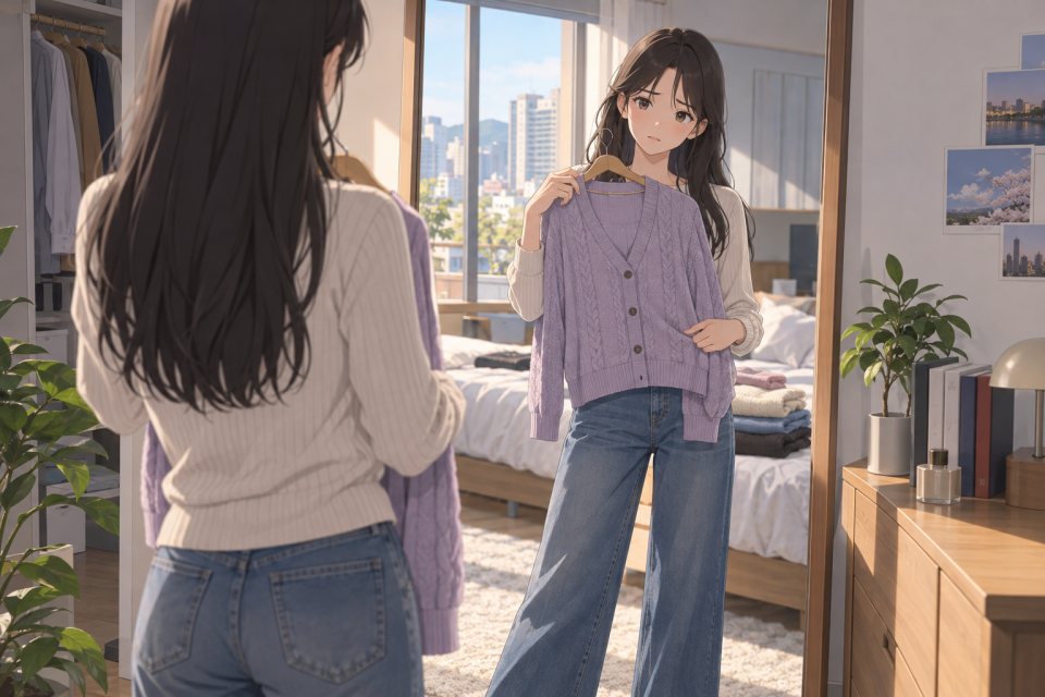 거울 앞에서 옷을 대 보는 모습