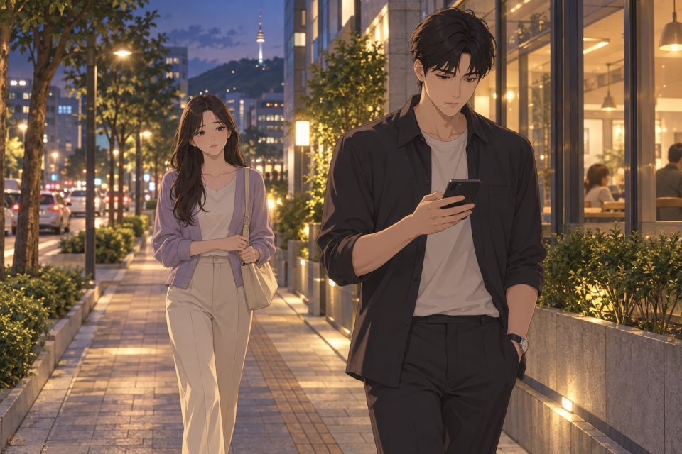앞서 걷는 애인을 뒤에서 바라보는 모습