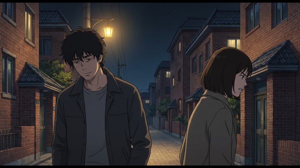 밤길 가로등 아래에서 돌아서는 사람과 서 있는 사람