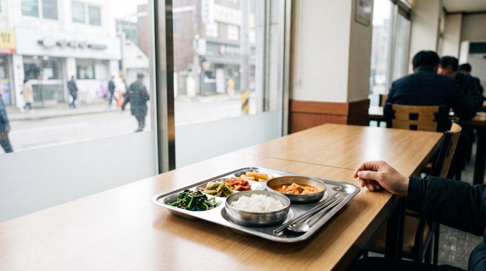 구내식당 창가 자리의 식판 하나