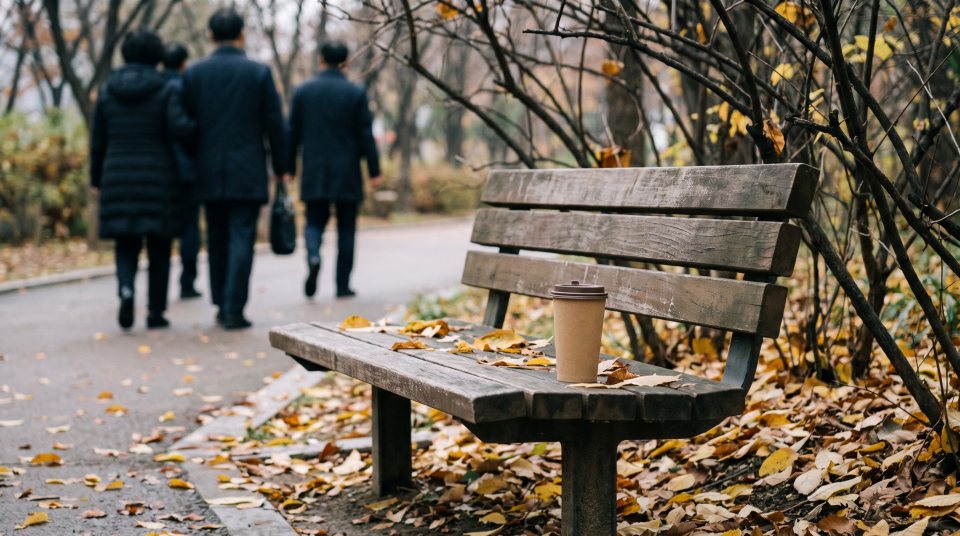 낙엽이 떨어진 공원의 빈 벤치