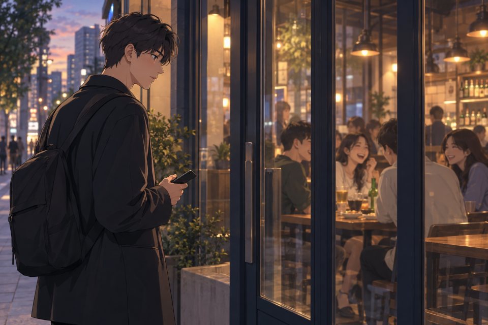 친구 모임 가게 앞에서 망설이는 모습