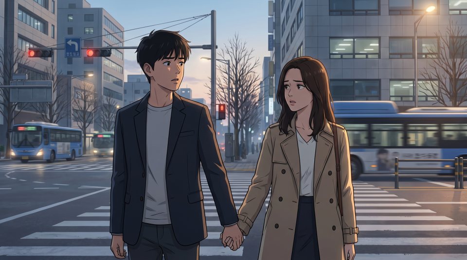 손은 잡았지만 서로 다른 곳을 보는 두 사람