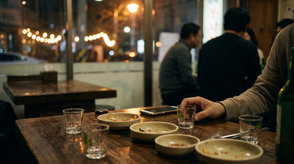 술자리 테이블 위에 엎어져 있는 휴대폰