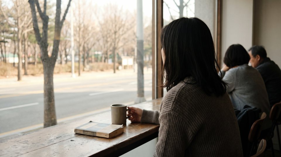 조용한 카페 창가에 앉아 밖을 보는 뒷모습