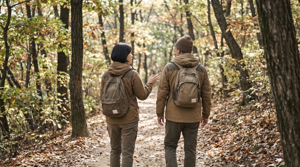 산길을 나란히 걷는 중년 두 사람의 뒷모습