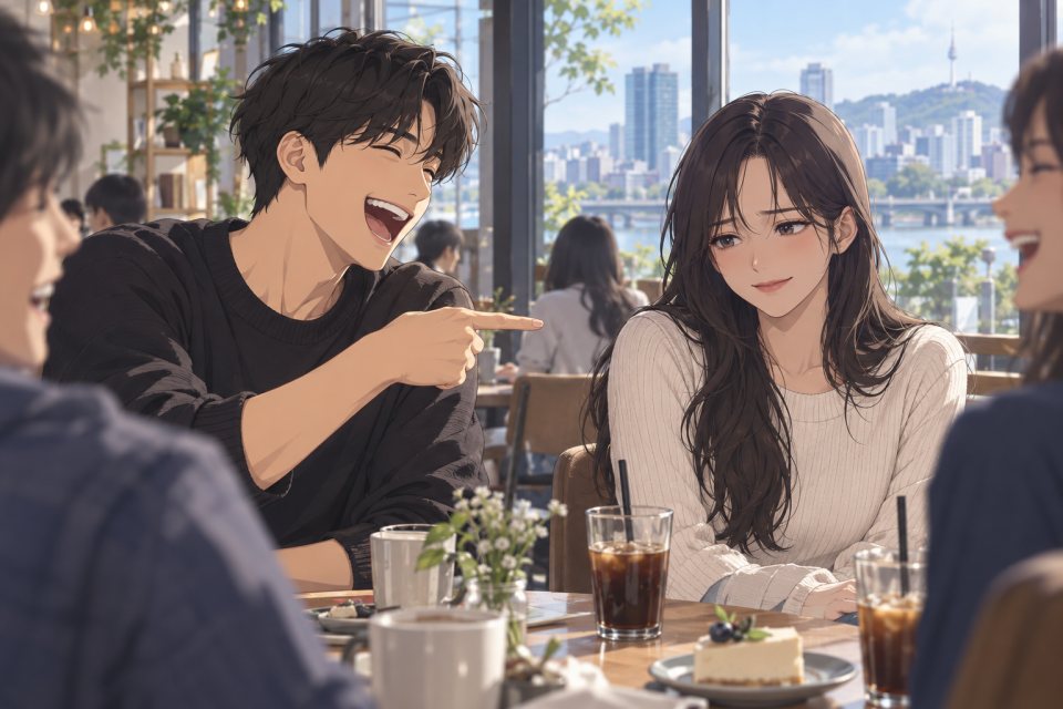 웃는 애인 옆에서 억지로 웃는 모습