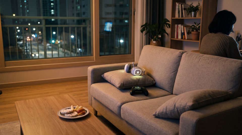 소파 위에 놓인 게임 패드와 헤드셋
