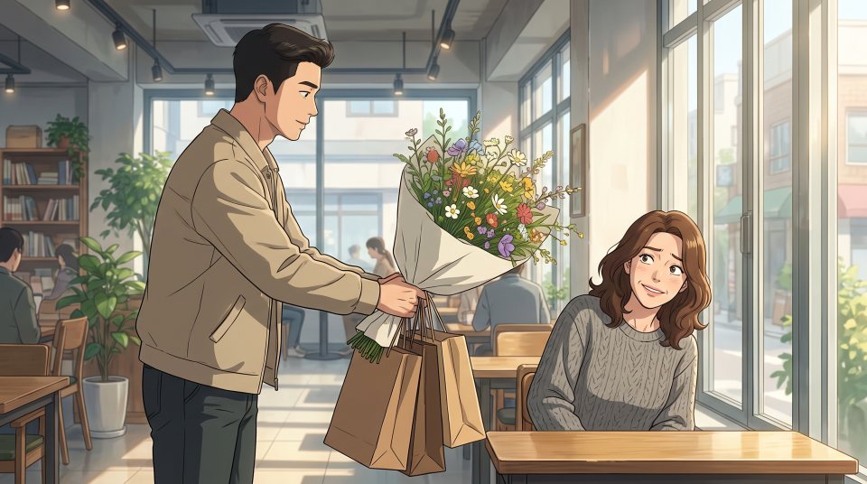 커다란 꽃다발과 선물을 한꺼번에 내미는 사람