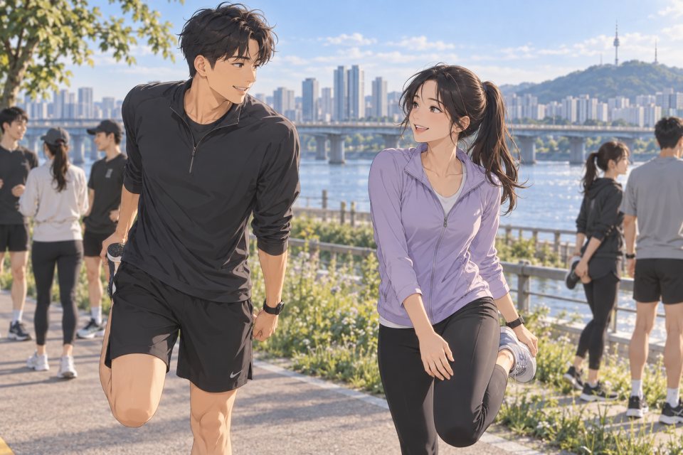 러닝 모임에서 나란히 몸을 푸는 두 사람
