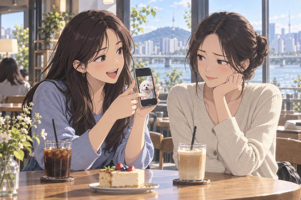 애인 사진을 보여 주는 친구와 애매하게 웃는 친구