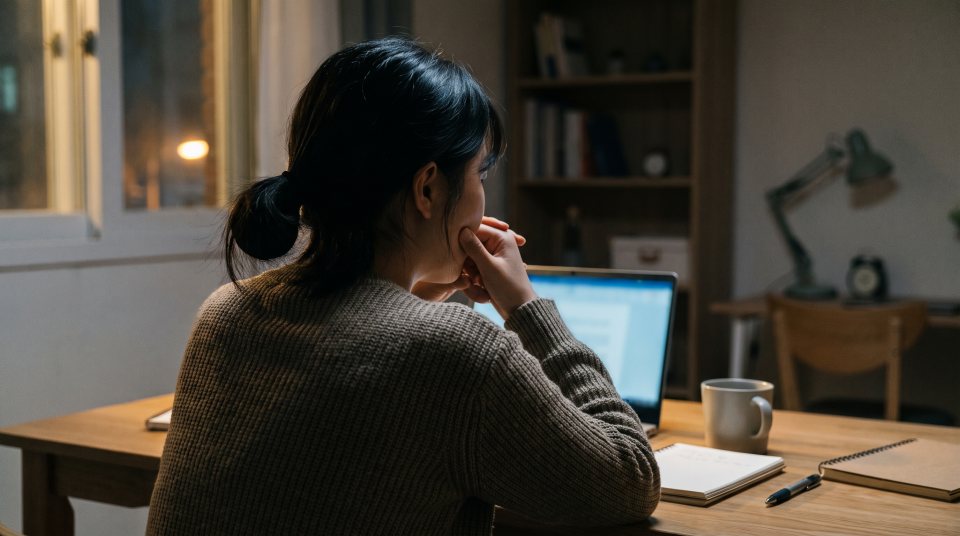 어두운 방에서 노트북 앞에 앉은 뒷모습