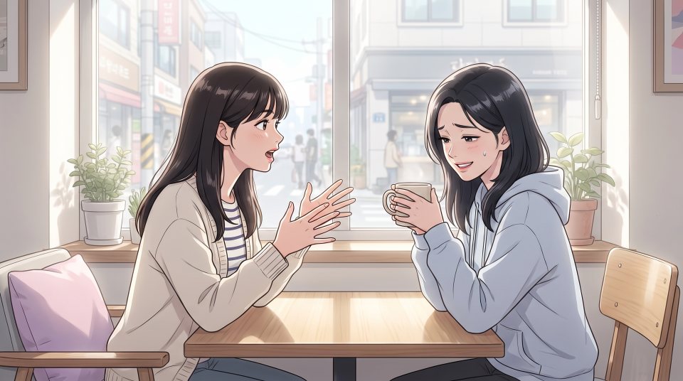 쉬지 않고 말하는 친구와 지친 얼굴로 듣는 친구