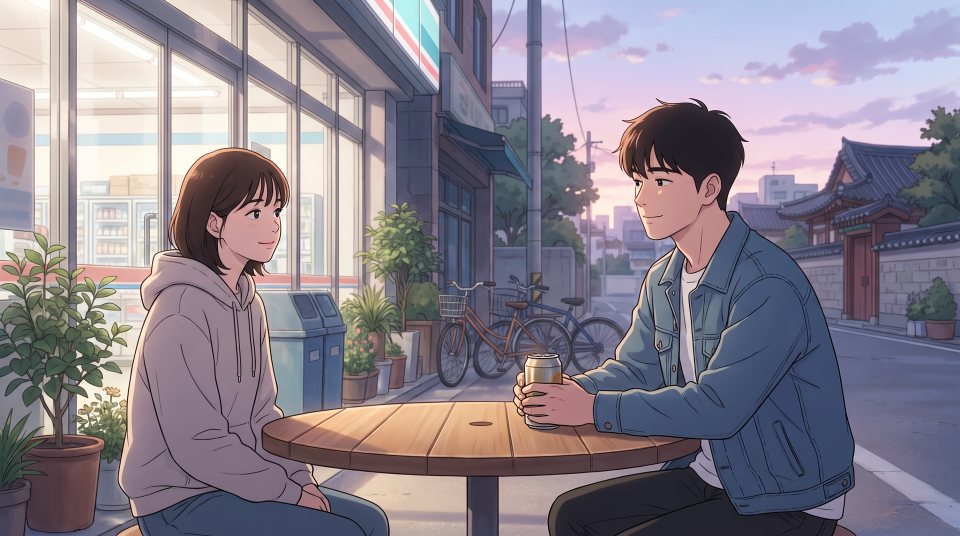 편의점 앞 테이블에서 가볍게 이야기하는 두 사람