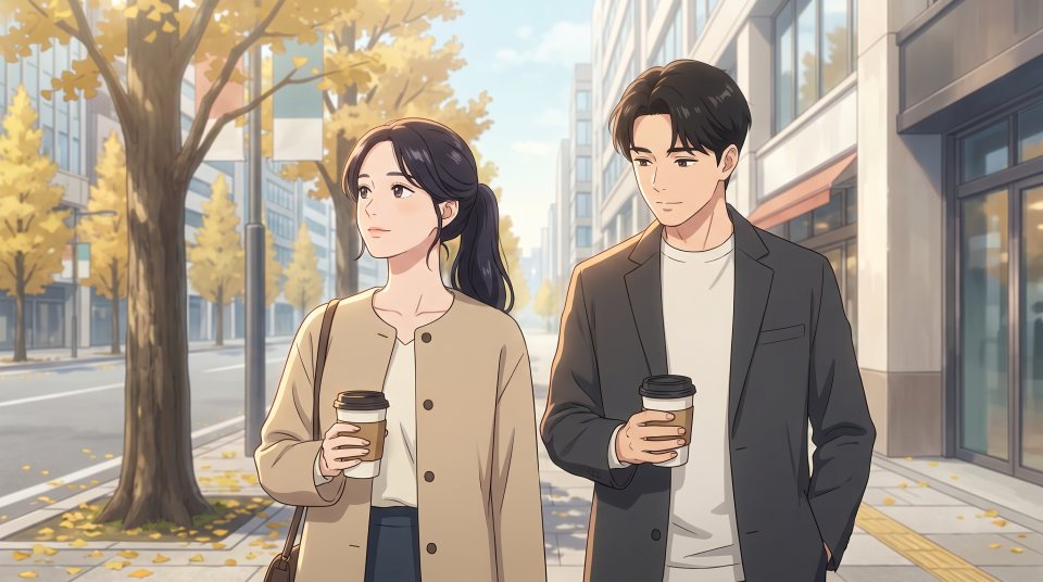 가을 길을 조금 떨어져 나란히 걷는 두 사람