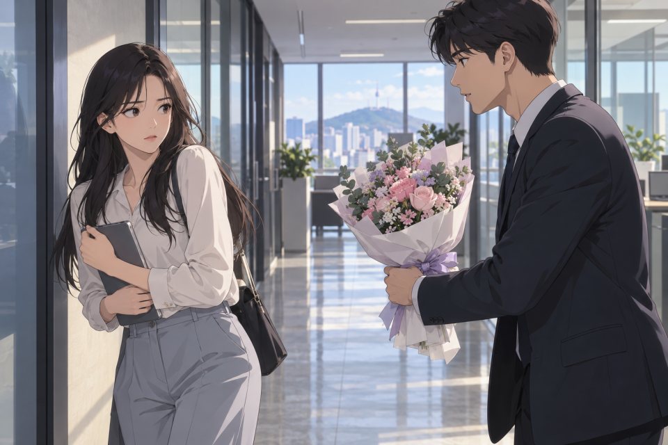 꽃다발을 다시 내미는 사람 앞에서 물러서는 모습