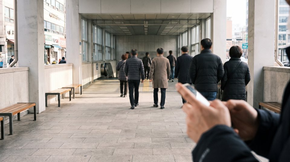 사람이 오가는 밝은 지하철역 출구