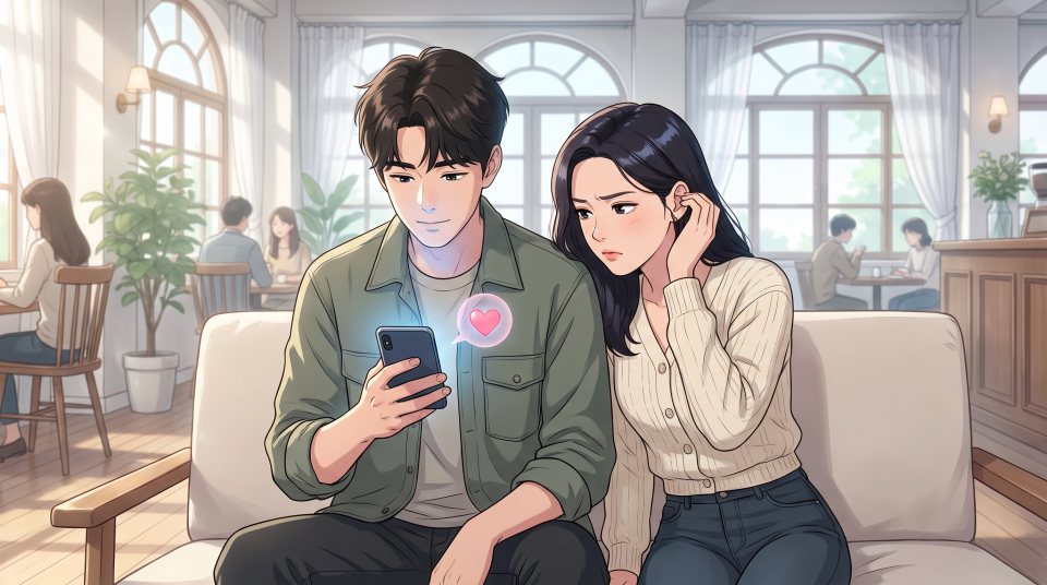 휴대폰을 보는 애인을 곁눈질하는 모습