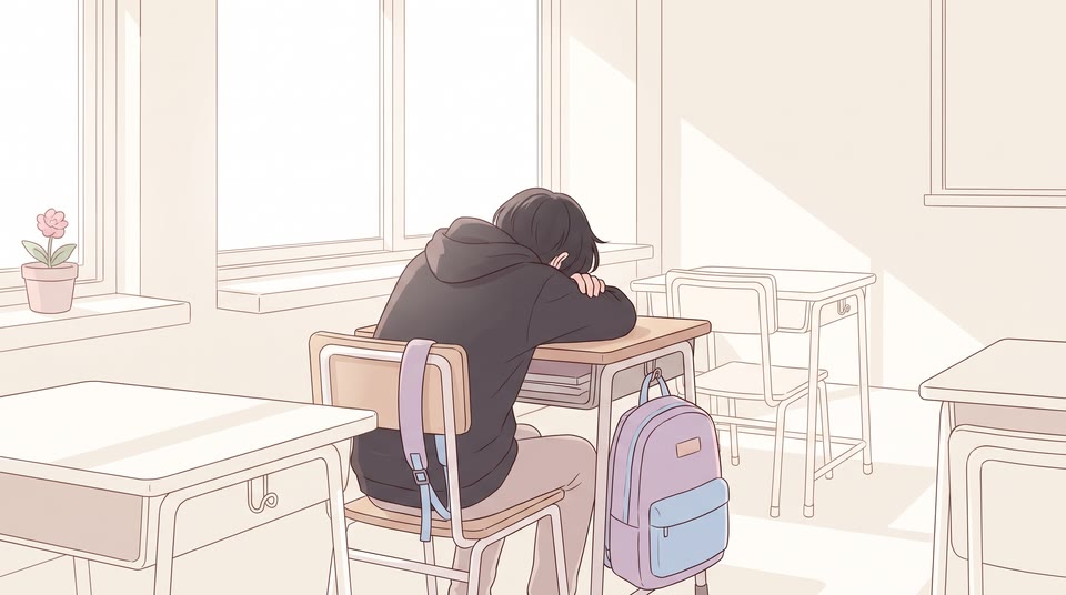 책상에 엎드려 고민하는 학생의 뒷모습