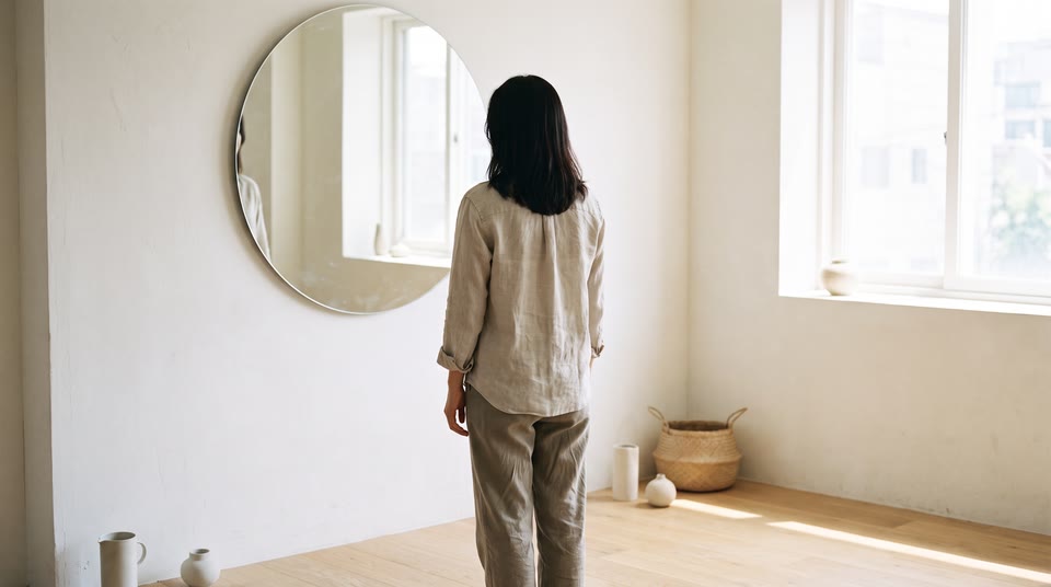 거울 앞에서 편안한 표정을 짓고 있는 사람의 뒷모습