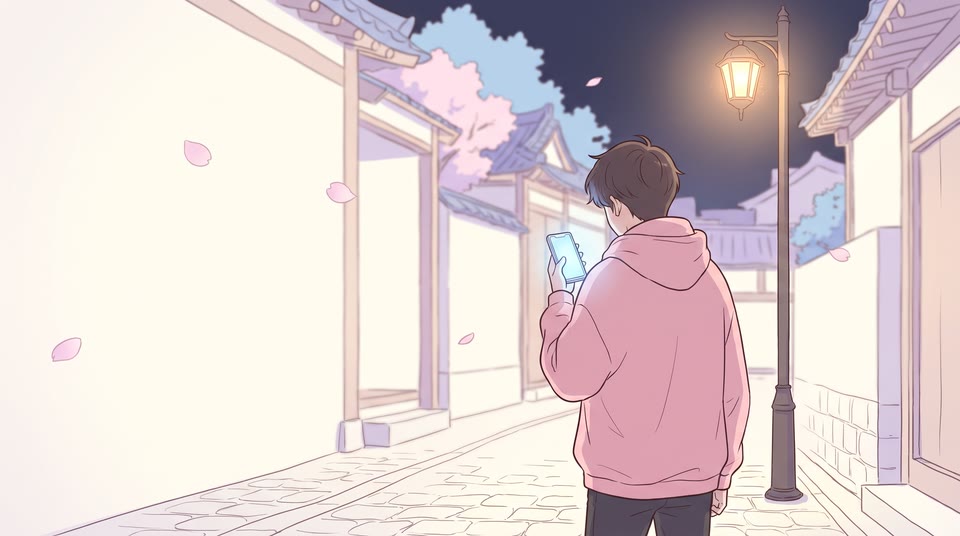 휴대폰으로 문자를 보내며 걷는 사람의 뒷모습