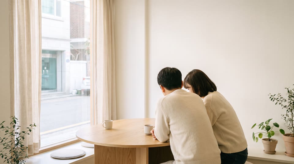 카페 테이블에 마주 앉아 있는 두 사람의 뒷모습