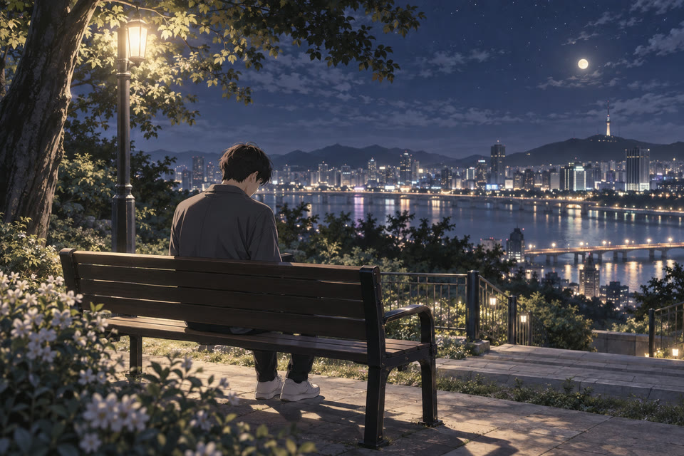늦은 밤 벤치에 혼자 앉아 생각에 잠긴 뒷모습