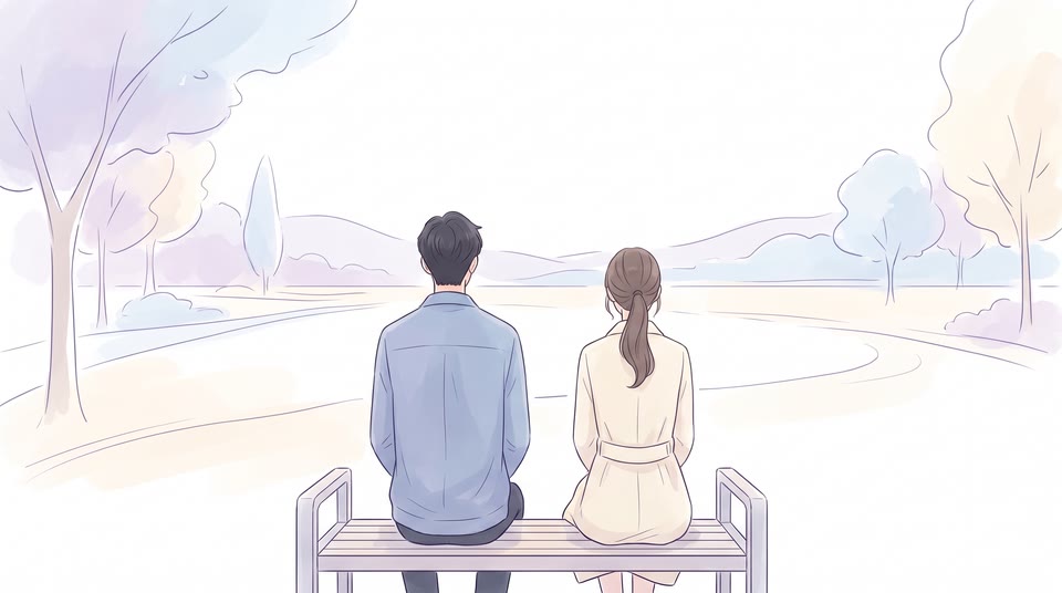 벤치에 나란히 앉아있는 두 사람의 뒷모습
