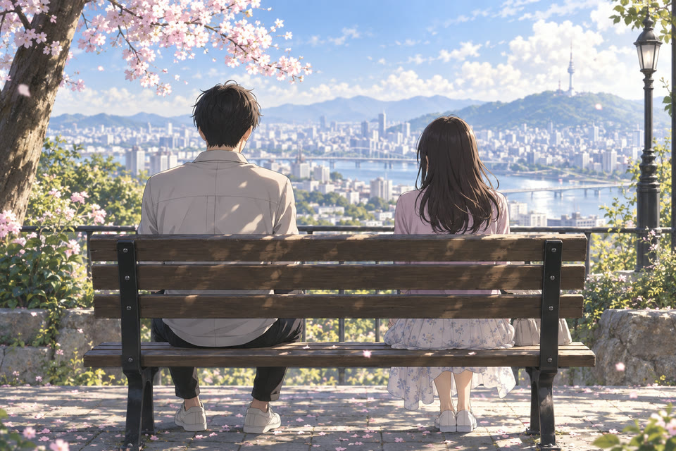 벤치에 나란히 앉아있는 두 사람의 뒷모습