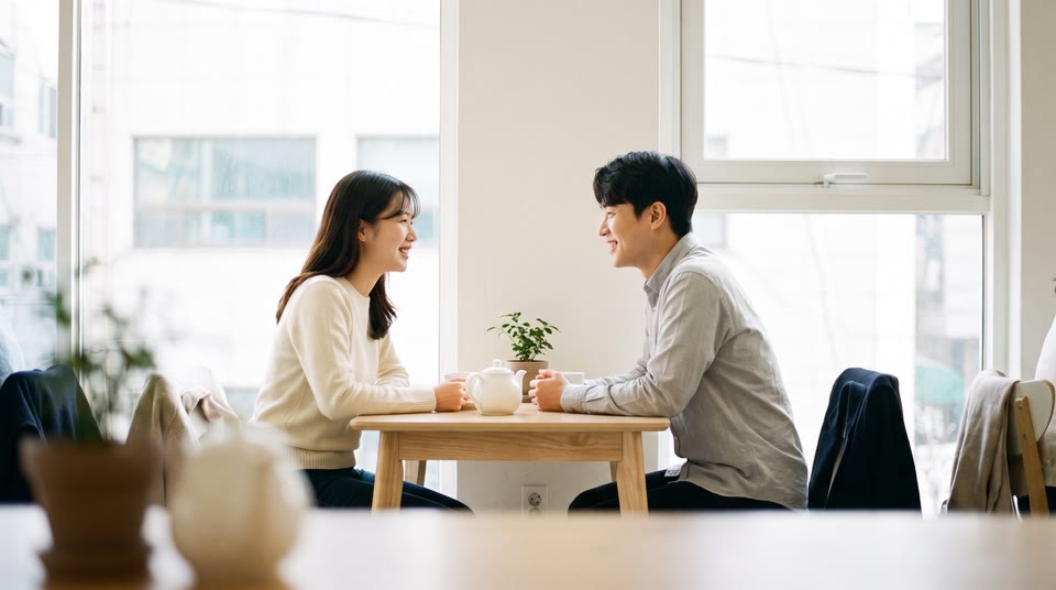 카페 테이블에 마주 앉아 커피를 마시는 두 사람