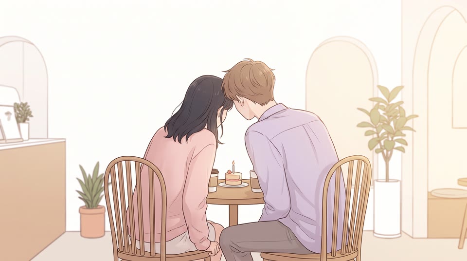카페에 마주 앉아 작은 케이크를 두고 대화하는 두 사람