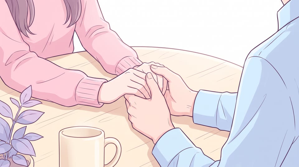 카페에 마주 앉아 손을 잡고 있는 두 사람