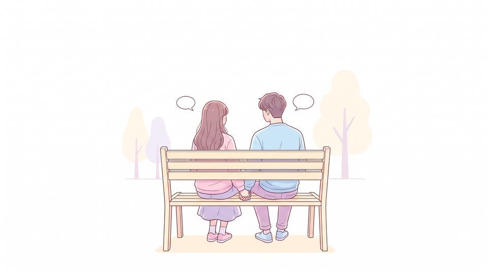 벤치에 나란히 앉아 대화하는 두 사람의 뒷모습