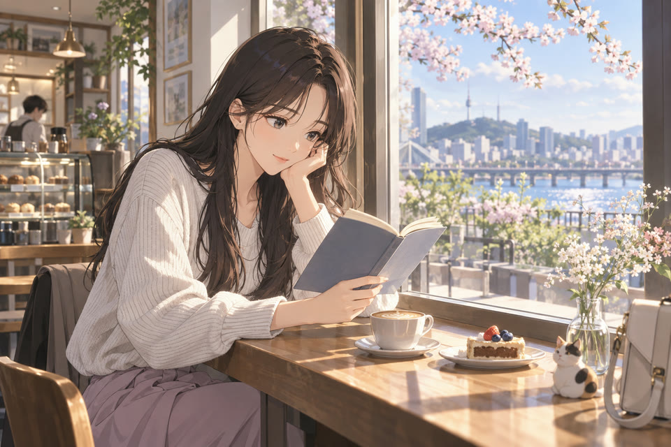 카페 창가 자리에 혼자 앉아 책을 읽는 사람