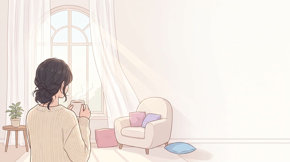 창밖을 보며 따뜻한 차를 마시고 있는 사람의 뒷모습