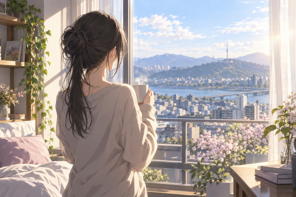 창밖을 보며 따뜻한 차를 마시고 있는 사람의 뒷모습