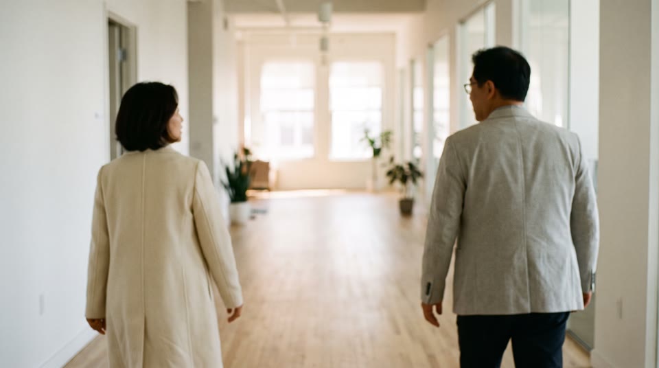 사무실 복도에서 약간 거리를 두고 걸어가는 두 사람의 뒷모습