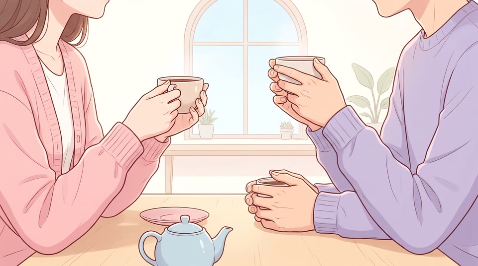카페 테이블에 마주 앉아 커피를 마시는 두 사람