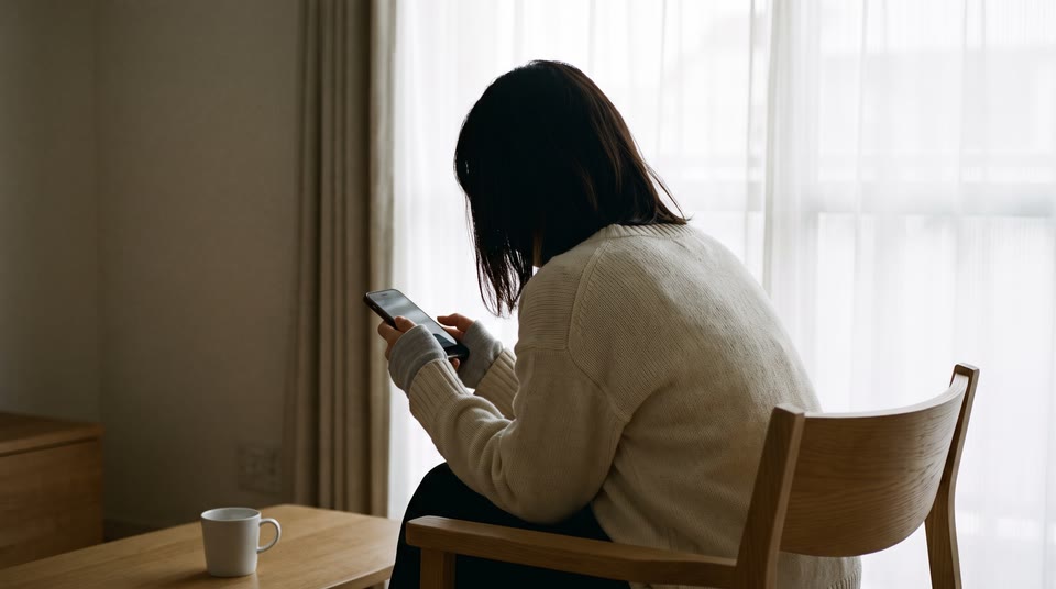 어두운 방에서 스마트폰을 쥐고 있는 사람의 뒷모습